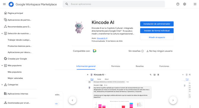 Kincode AI Google Chat App profile page